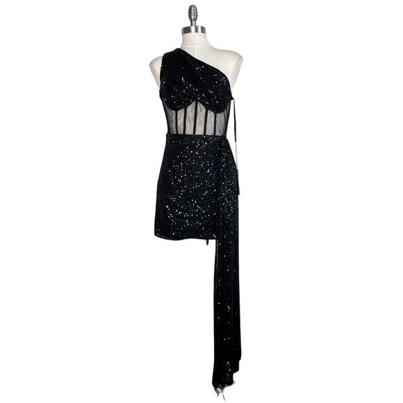 Mac Duggal One Shoulder Sequin Mini Dress Sheer Bustier Side Drape Black 20686 - Picture 4 of 16